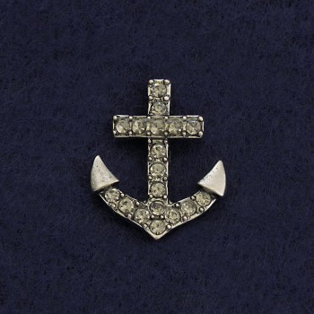 Brooch on a screw clasp "Anchor" 2 cm grey metal with crystals