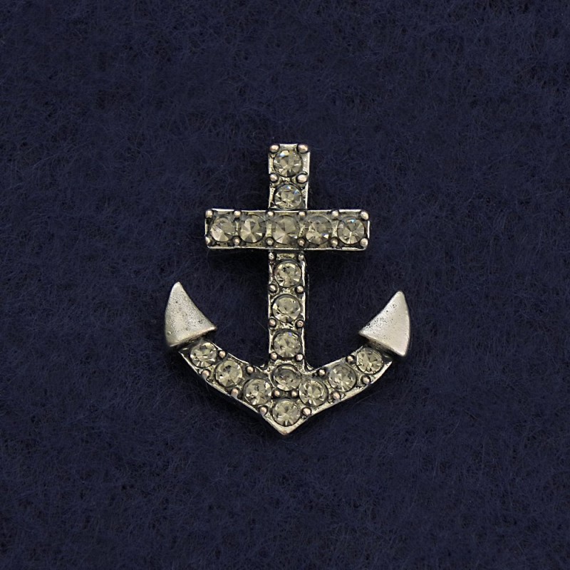 Brooch on a screw clasp "Anchor" 2 cm grey metal with crystals