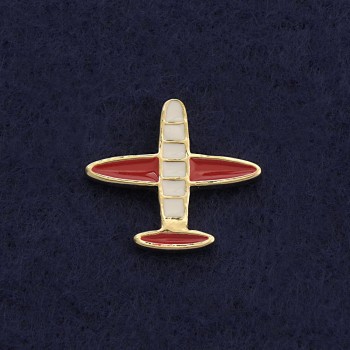 Screw-Clasp "Airplane" Brooch, 2cm, White-Red Enamel, Yellow Metal