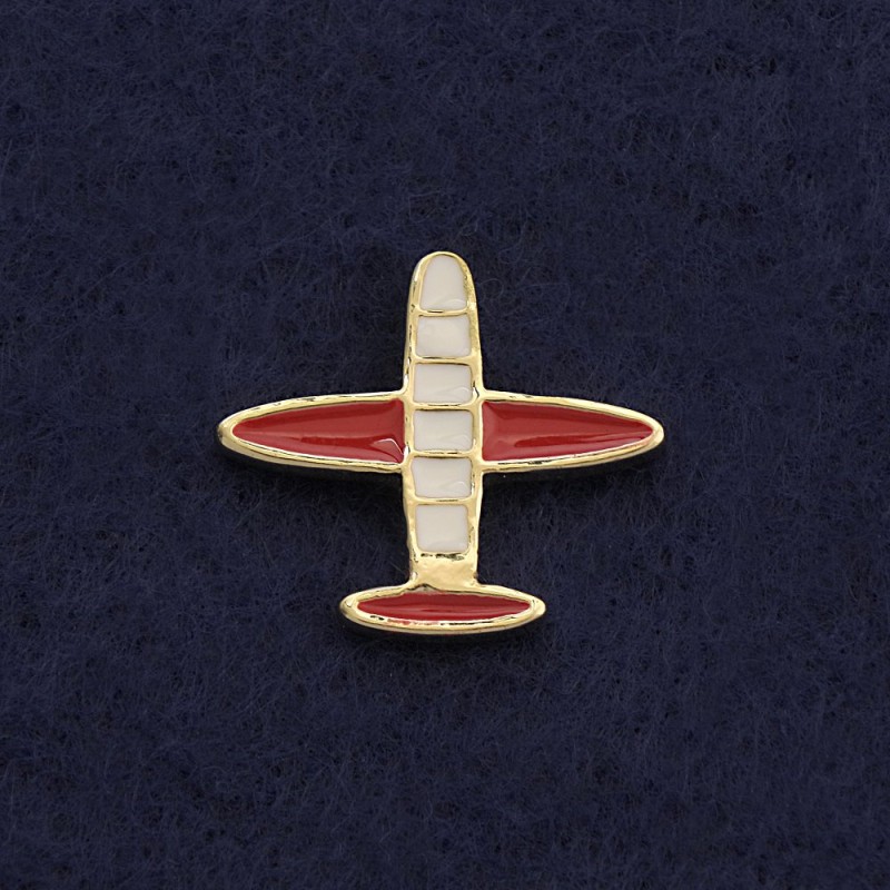 Screw-Clasp "Airplane" Brooch, 2cm, White-Red Enamel, Yellow Metal