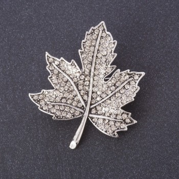 Maple Leaf Brooch, flora, 4.5x4cm, white rhinestones, metal colour "silver"