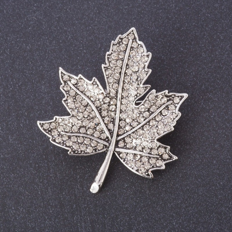Maple Leaf Brooch, flora, 4.5x4cm, white rhinestones, metal colour "silver"
