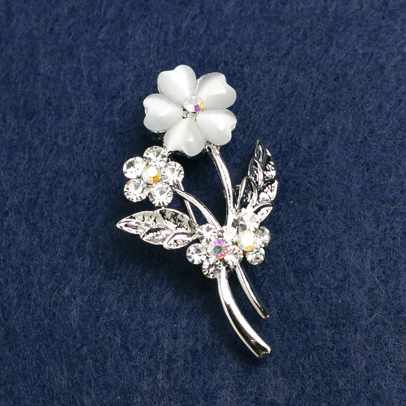 Forget-Me-Not Brooch with Grey Cat's Eye Stone and Rhinestones, Silver-Tone Metal, 27x44mm
