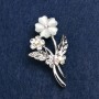 Forget-Me-Not Brooch with Grey Cat's Eye Stone and Rhinestones, Silver-Tone Metal, 27x44mm