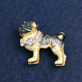 Bulldog Brooch, Silver-Tone Metal, Rhinestones & Enamel, 35x42mm +