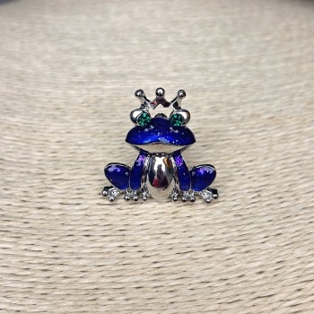 Frog Brooch, Silver-Tone Metal, Rhinestones and Enamel, 30mm +