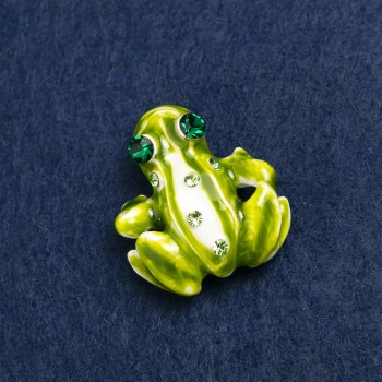 Frog Brooch, Gold-Tone Metal, Rhinestones and Enamel, 28x30mm +