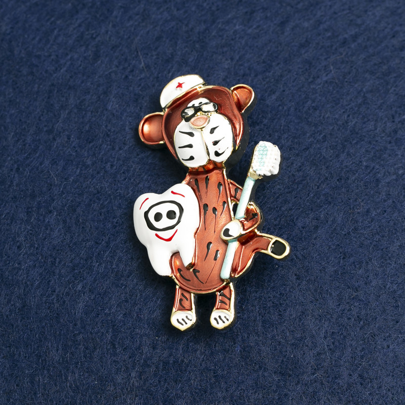 Teddy Bear Dentist Brooch, Gold-Tone Metal & Enamel, 50x30mm +