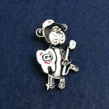Bear Dentist Brooch, Gold-Tone Metal and Enamel, 50x30mm +