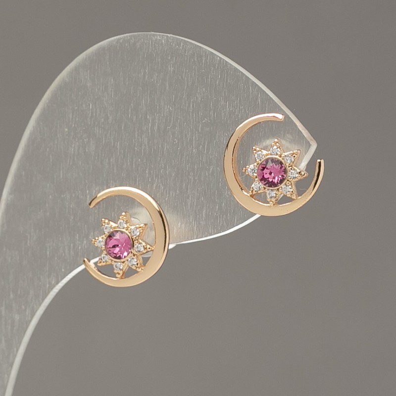 Xuping Stud Earrings 18K Gold Plating with White Rhinestones and Pink Crystals, diameter 10mm +