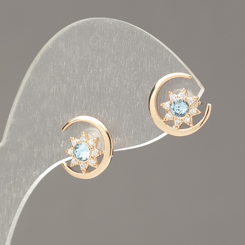 Xuping Stud Earrings 18K Gold Plating with White Rhinestones and Blue Crystals, diameter 10mm +