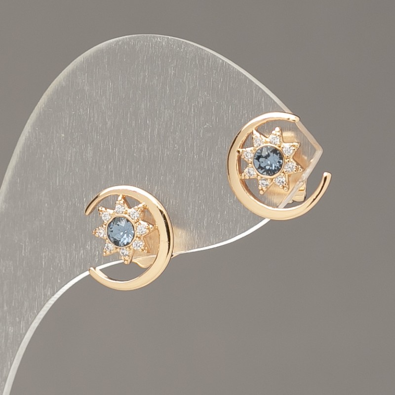 Xuping Stud Earrings 18K Gold Plating with White Rhinestones and Grey-Blue Crystals, diameter 10mm +