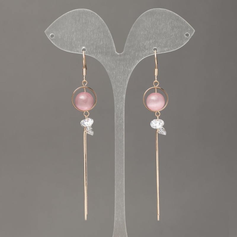 Xuping Earrings 18K Gold Plating with Pink Cat's Eye and White Crystals, diameter 13mm +/-, length 100mm +