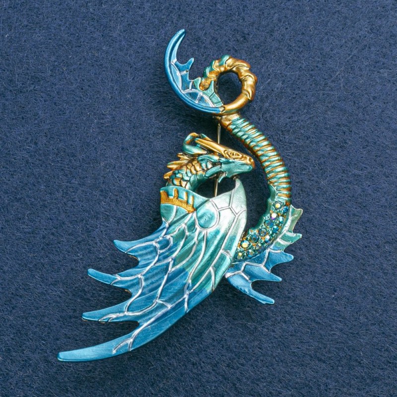 Dragon Brooch, Gold-Tone Metal with Enamel and Blue Petrol Rhinestones, 88x50mm +