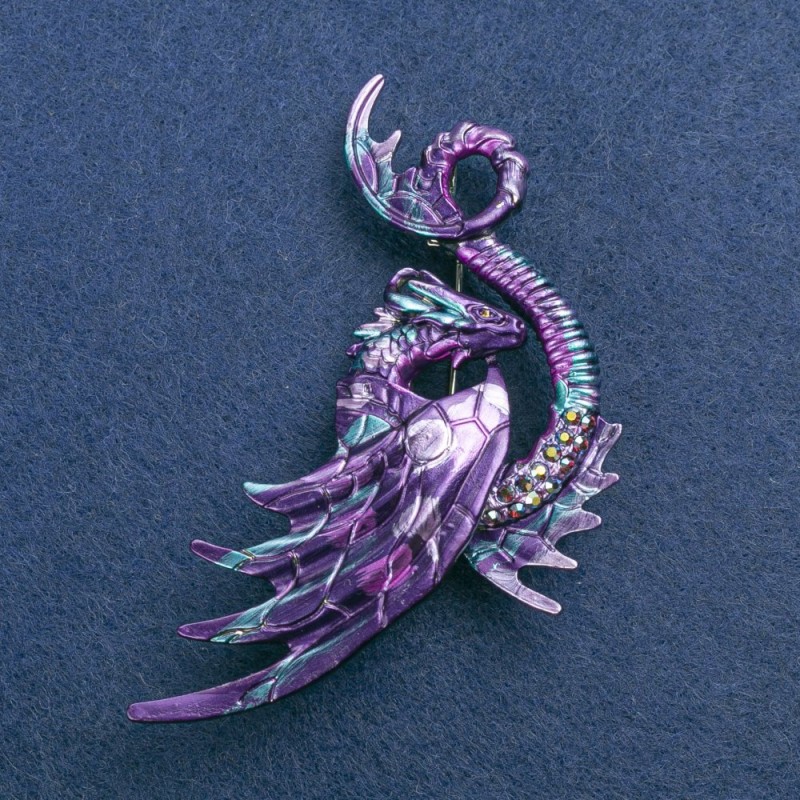 Dragon Brooch in silver-tone metal with enamel and petrol-colour crystals 88×50mm +