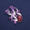 Leaves Brooch with Amethyst, Purple Enamel, Silver-Tone Metal 38x53mm