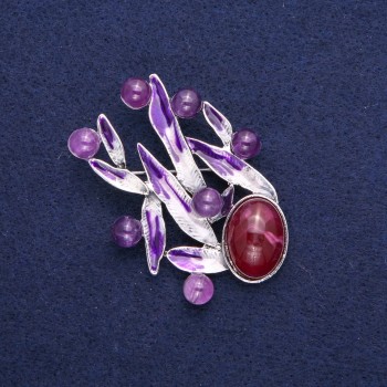Leaves Brooch with Amethyst, Purple Enamel, Silver-Tone Metal 38x53mm