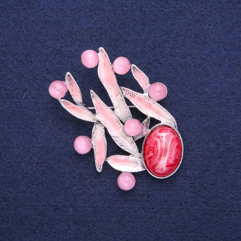 Leaves Brooch with Cat's Eye, Pink Enamel, Silver-Tone Metal 38x53mm