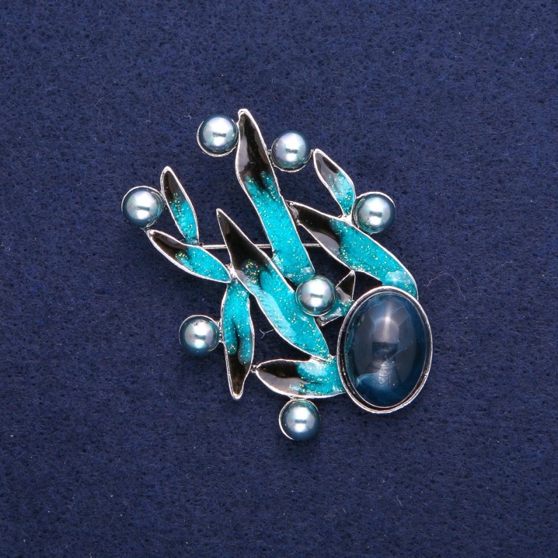 Brooch Leaves with Pearl, Blue Enamel, Silver-Tone Metal 38x53mm