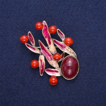 Leaves Brooch with Carnelian, Burgundy Enamel, Gold-Tone Metal 38x53mm