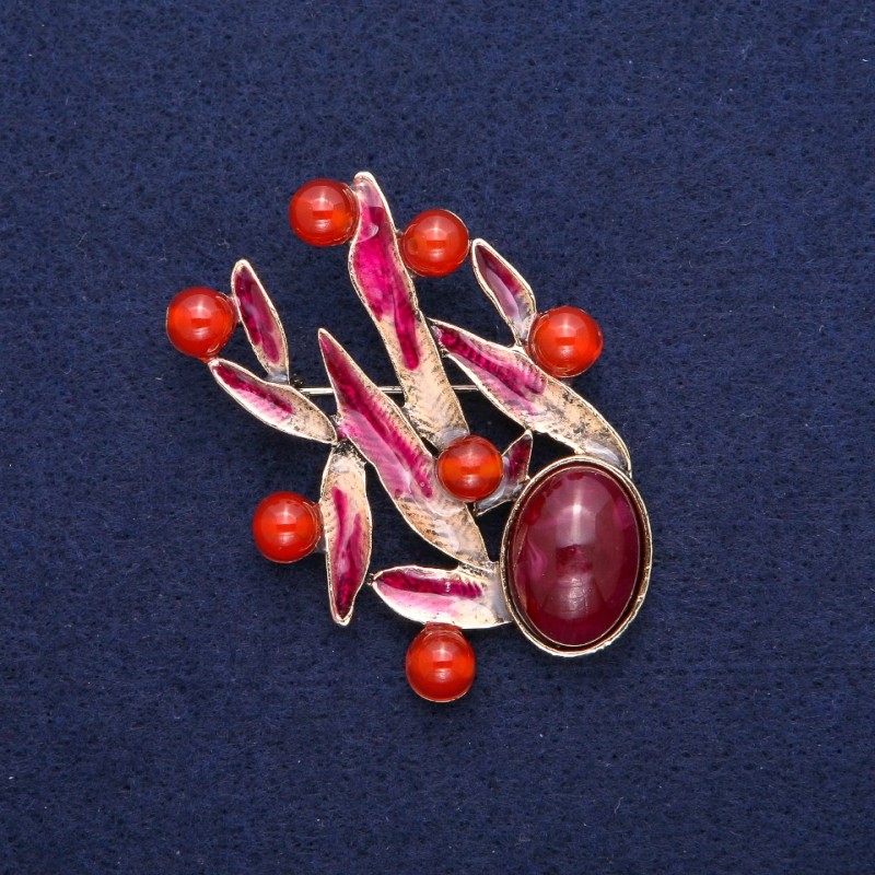 Leaves Brooch with Carnelian, Burgundy Enamel, Gold-Tone Metal 38x53mm