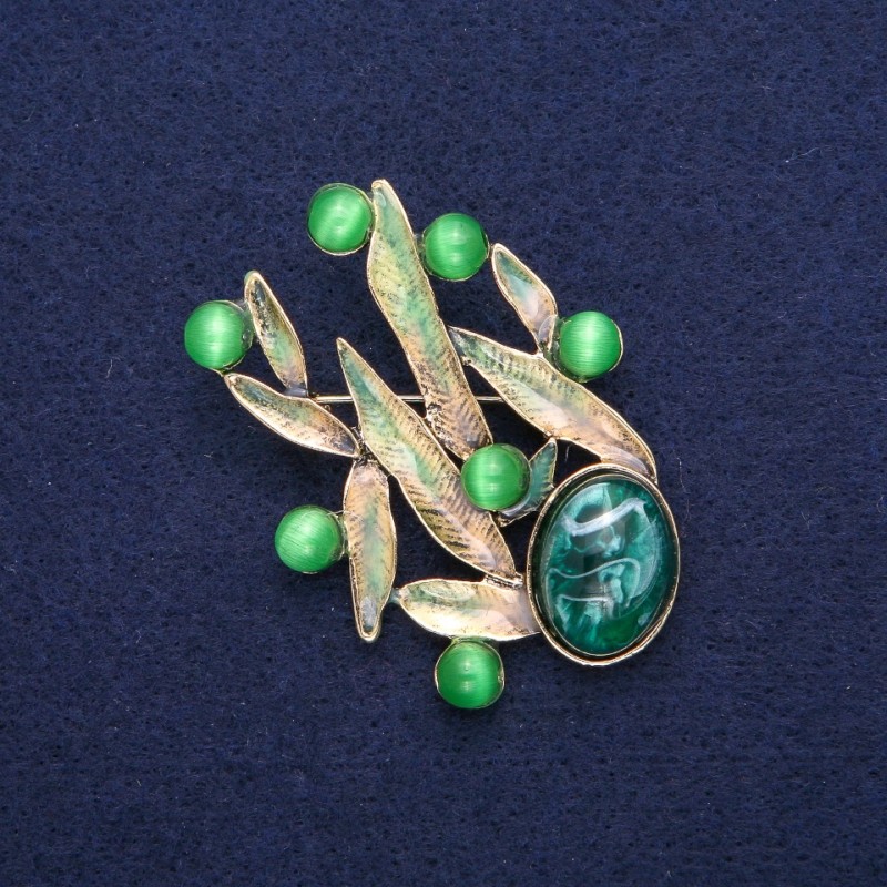 Leaves Brooch with Cat's Eye, Green Enamel, Gold-Tone Metal 38x53mm