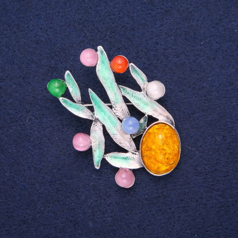 Leaves Brooch, Amber and Cat's Eye (Imitation), Green Enamel, Silver-Tone Metal 38x53mm