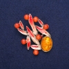Leaves Brooch with Amber (Imitation) and Cat's Eye, Red Enamel, Gold-Tone Metal 38x53mm