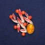 Leaves Brooch with Amber (Imitation) and Cat's Eye, Red Enamel, Gold-Tone Metal 38x53mm