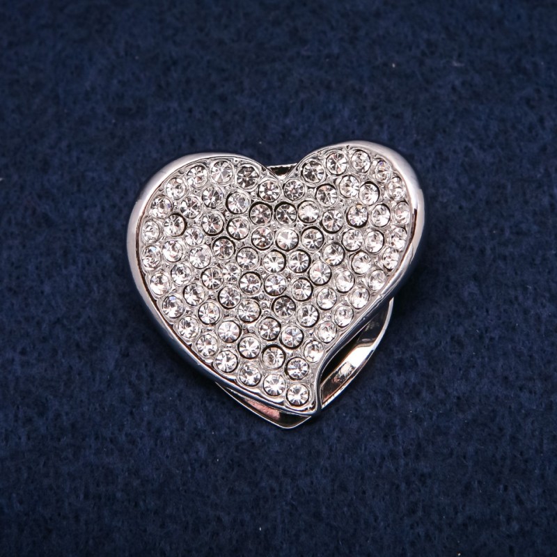 Brooch for headscarf Heart with white crystals silver metal 33x36mm +