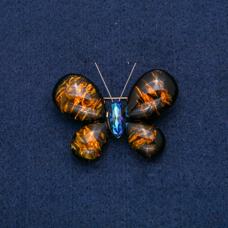 Brooch Butterfly Gold-Tone Metal with Blue Rhinestone and Imitation Dark Amber 50x35mm +