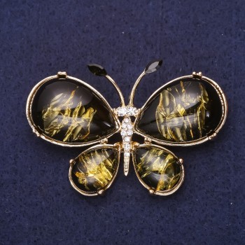 Brooch Butterfly White Rhinestones "Amber" (Imitation) 56x36mm Yellow Metal