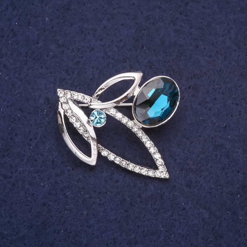 Brooch Accent with rhinestones and gemstone blue blue light silver 38x32mm