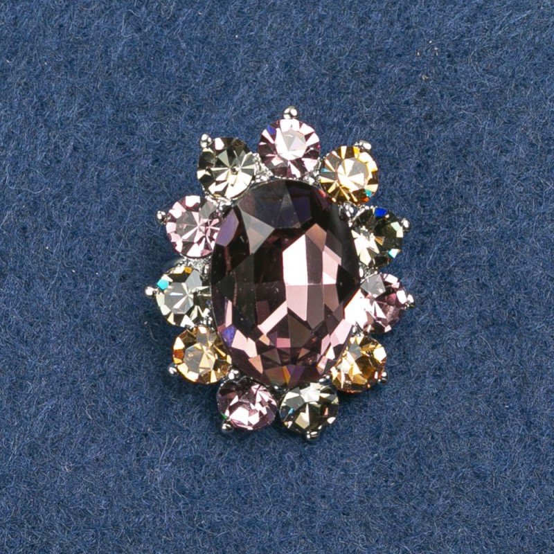 Brooch Accent with Marquis-cut stone, purple and yellow, 30x24mm, silver metal