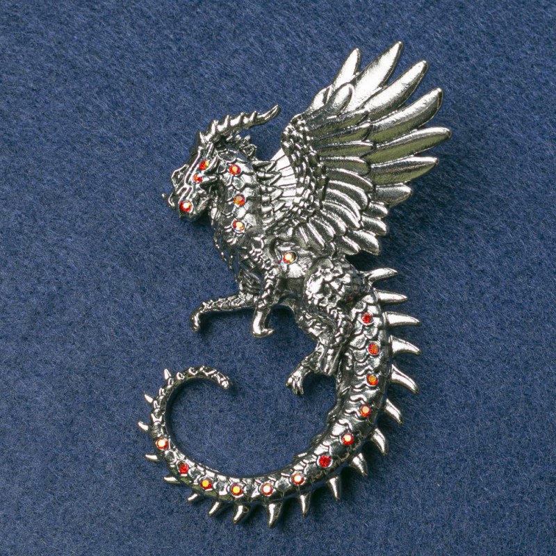 Brooch Dragon silver-toned metal with red rhinestones 64x50mm+