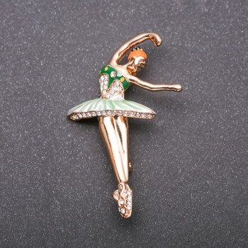 Ballerina Brooch, Green Enamel, Yellow-Tone Metal 52x34mm