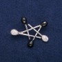 Star Brooch, Black Enamel and White Rhinestones, Silver-Tone Metal 36x44mm
