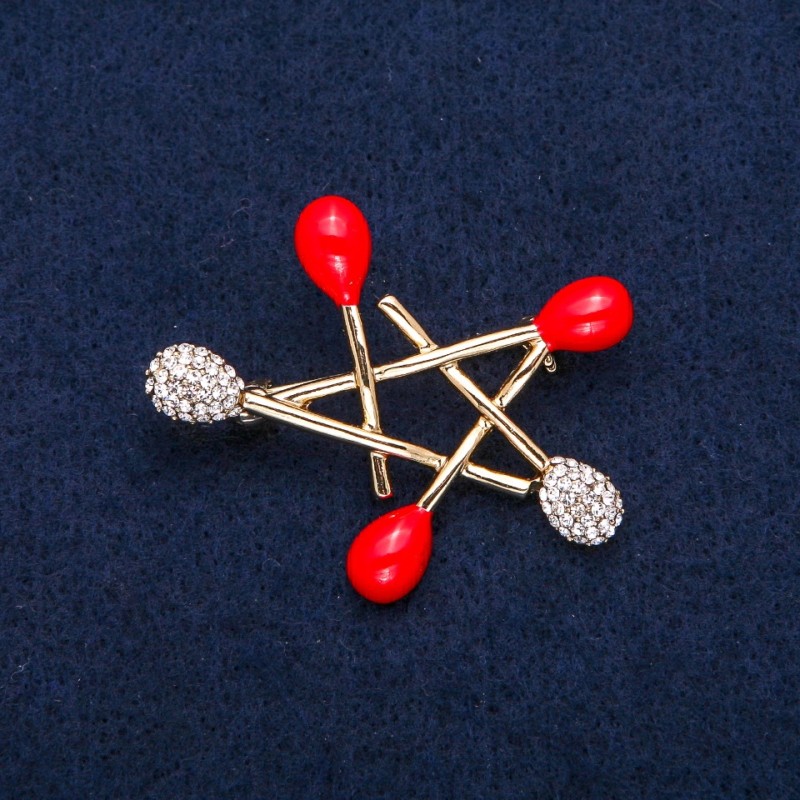 Star Brooch, Red Enamel and White Rhinestones, Gold-Tone Metal 36x44mm