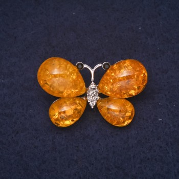 Amber Butterfly Brooch (Imitation) 38x24mm, Yellow Colour, Silver-Tone Metal