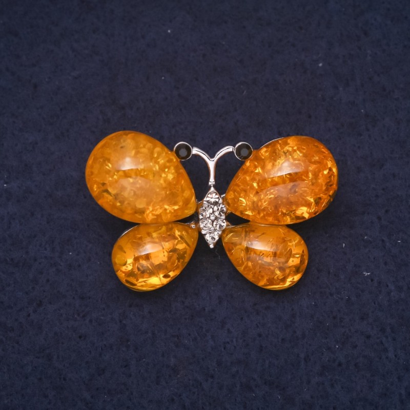 Amber Butterfly Brooch (Imitation) 38x24mm, Yellow Colour, Silver-Tone Metal