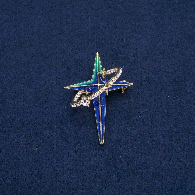 Star Brooch-Pendant in Oval Ring, Gold-Tone Metal with White Rhinestones and Blue, Turquoise Enamel 45x33mm +