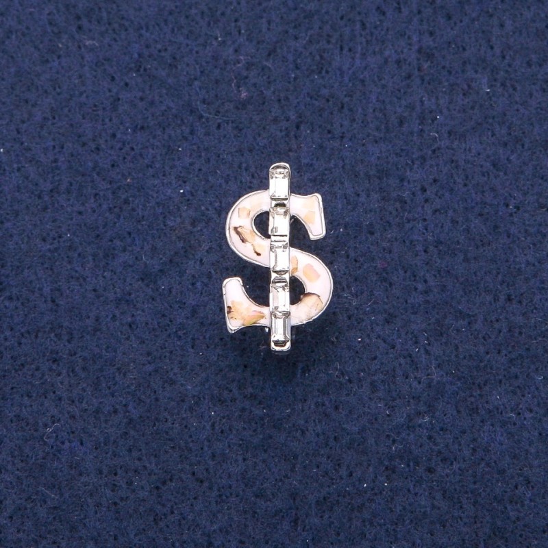 Dollar Brooch with White Enamel and Abalone Mother-of-Pearl, White Crystals, Silver-Tone Metal 12x21mm
