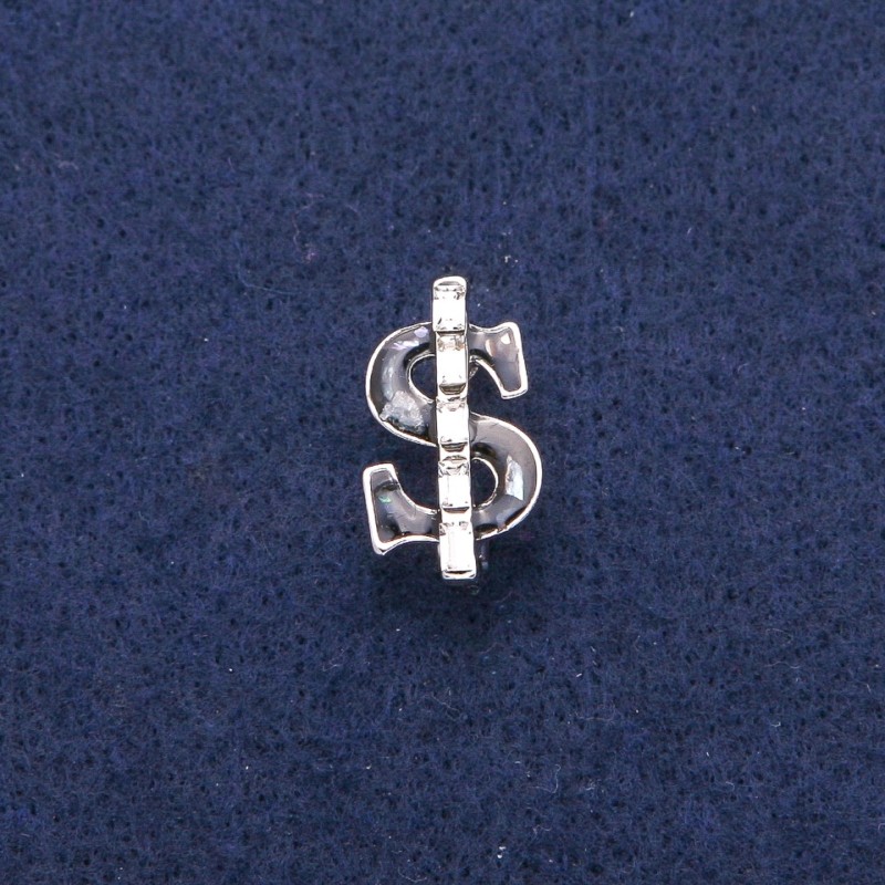 Dollar Brooch with Black Enamel and Abalone Mother-of-Pearl, White Crystals, Silver-Tone Metal 12x21mm