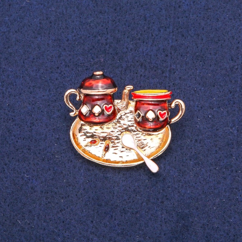 Tea Party Brooch Brown Enamel, Gold-Tone Metal 31x36mm