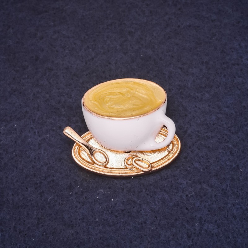 Coffee Cup Brooch 25x30mm enamel colour white yellow gold-tone metal