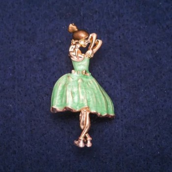 Ballerina Brooch with Green and Brown Enamel, Gold-Tone Metal 24x46mm