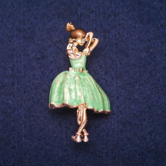 Ballerina Brooch with Green and Brown Enamel, Gold-Tone Metal 24x46mm