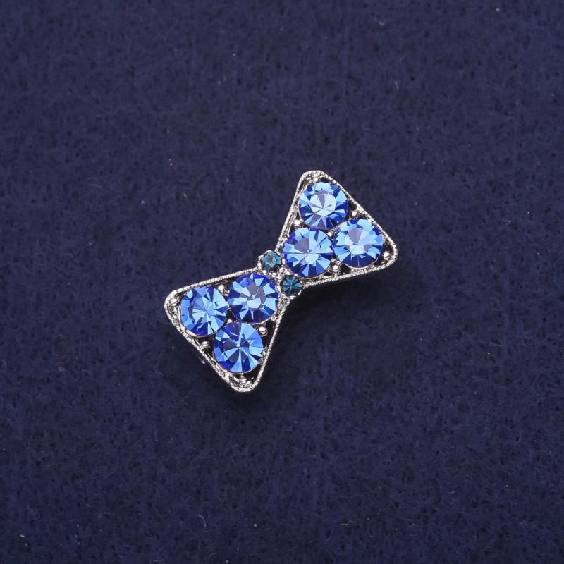 Bow Brooch with Blue Rhinestones 27x16mm Silver-Tone Metal
