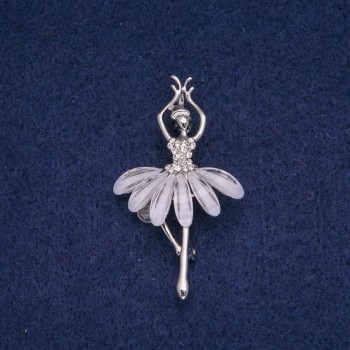 Ballerina Brooch with White Rhinestones, Silver-Tone Metal 49x28mm