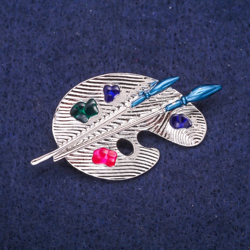 Palette Brooch with Enamel, Silver-Tone Metal 26x50mm